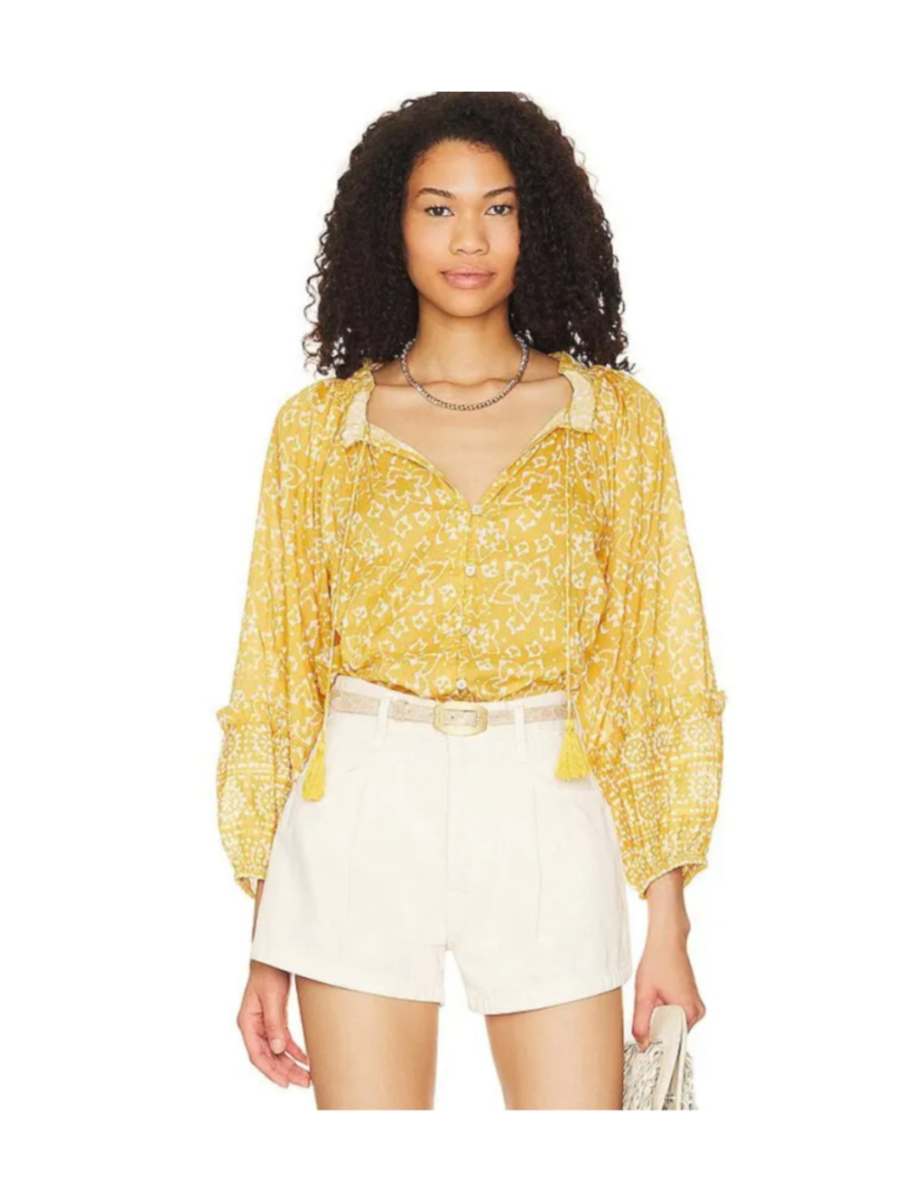 Cleobella Lyra Boho Floral Tassel Blouse Mustard Yellow Large